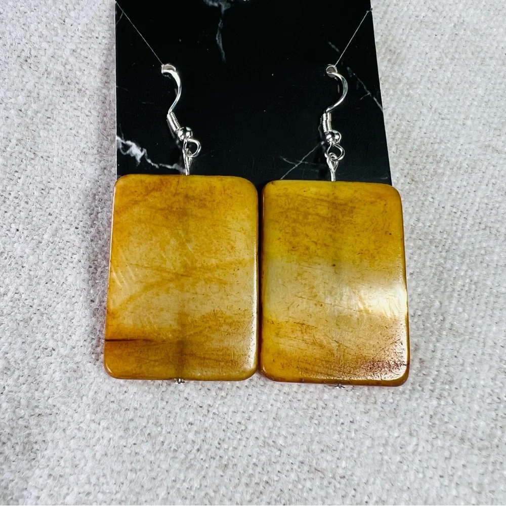 Stone Slab Earrings Golden‎ Brown Square Dangle Drop Statement 925 Sterling